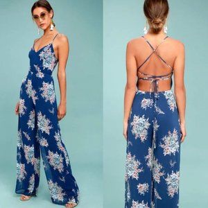 Lulus Shea Navy Blue Floral Print Jumpsuit Size - Small